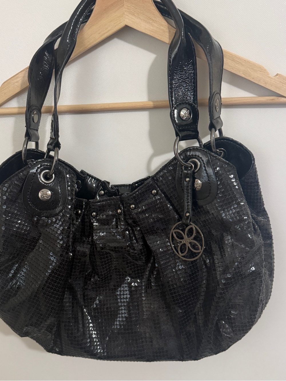 Relic Black Shiny Textured Shoulder Studded Bag Purse Glossy Fabric Rocker Biker